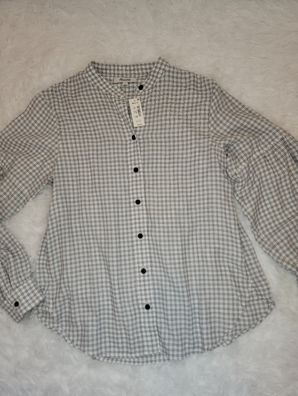 NWT Madewell Bell Sleeve Button Down Shirt with Blue Windowpane Grid. Small - Picture 2 of 9
